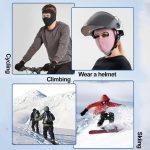 People wearing masks and helmets cycling, climbing, and snowboarding outdoors in winter