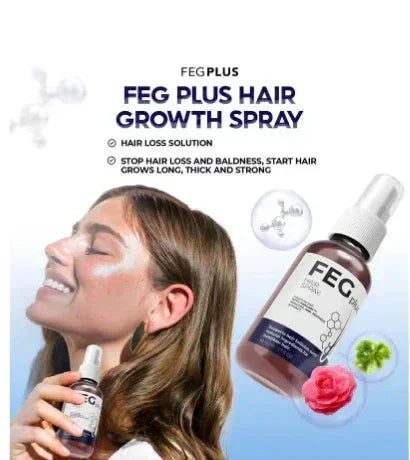 Woman spraying FEG Plus Hair Growth Spray on hair, anti-hair loss product bottle, flowers.