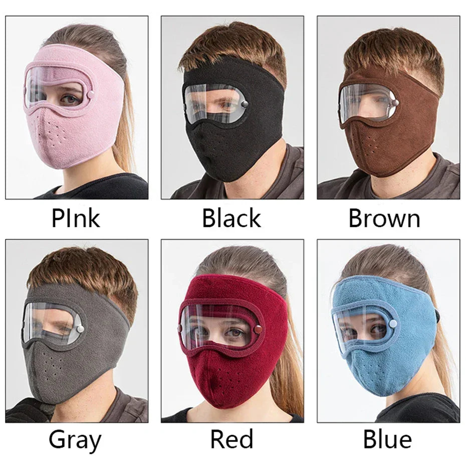 Six people wearing fleece winter face masks with goggles in pink, black, brown, gray, red, and blue.